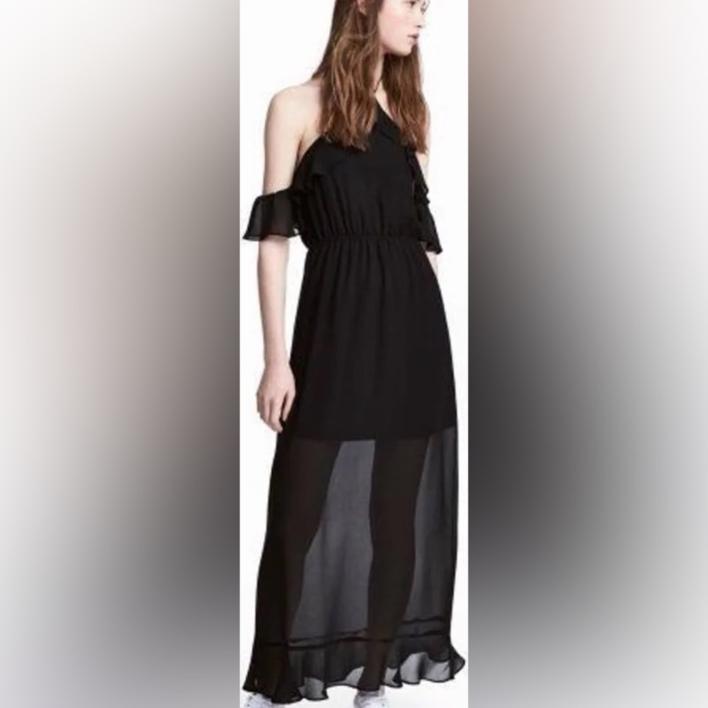 NWT H&M Halter Flounce Black off-the-shoulder, Long Dress Size 4